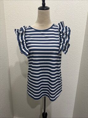 SHEIN Navy & White Striped Ruffle Sleeve Tee